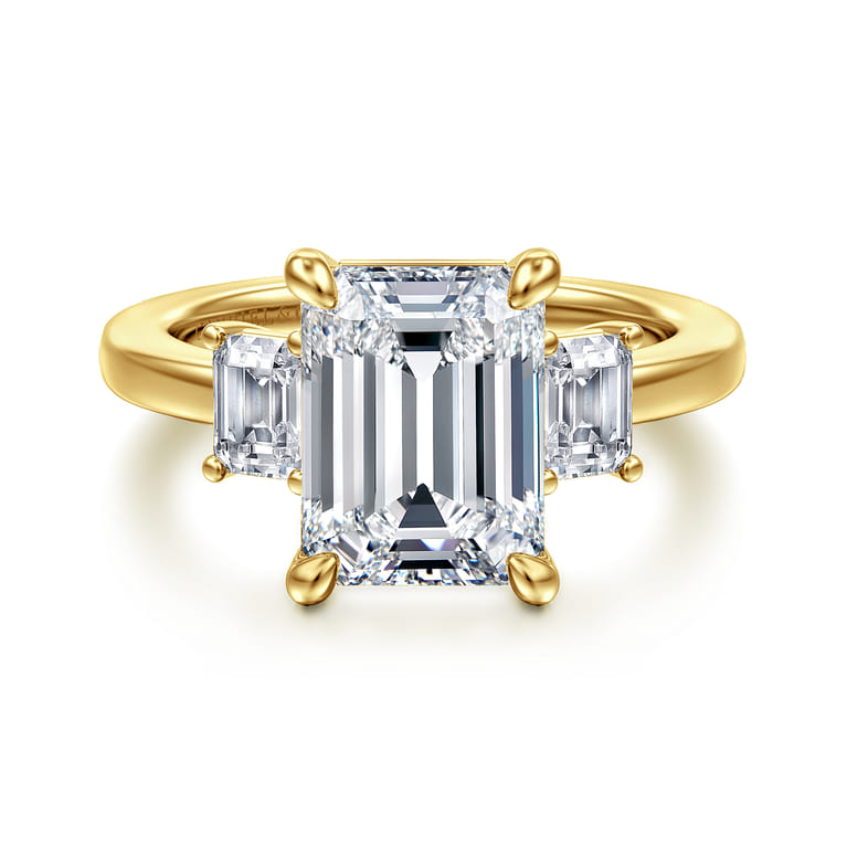 Stephi - 14K Yellow Gold Emerald Cut Three Stone Diamond Engagement Ring - 0.6 ct - Shot 1