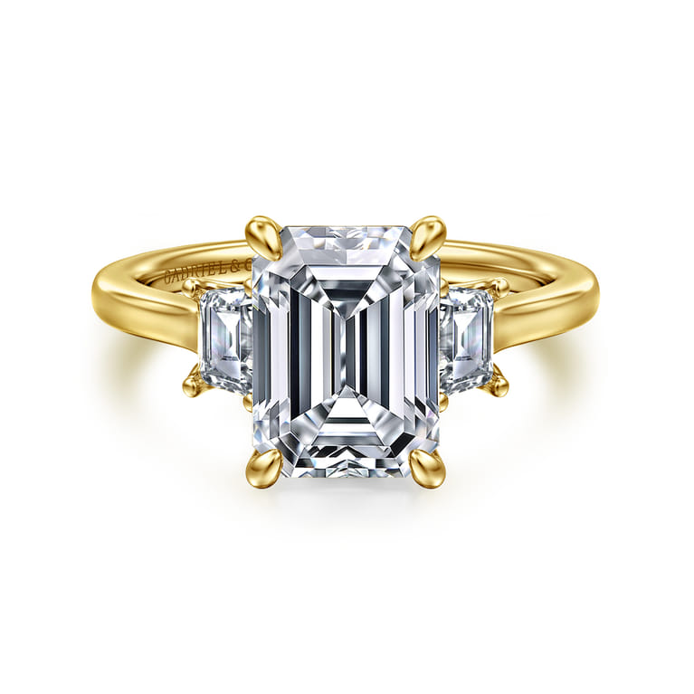 Nigela - 14K Yellow Gold Emerald Cut Three Stone Lotus Diamond Engagement Ring - 0.4 ct - Shot 1