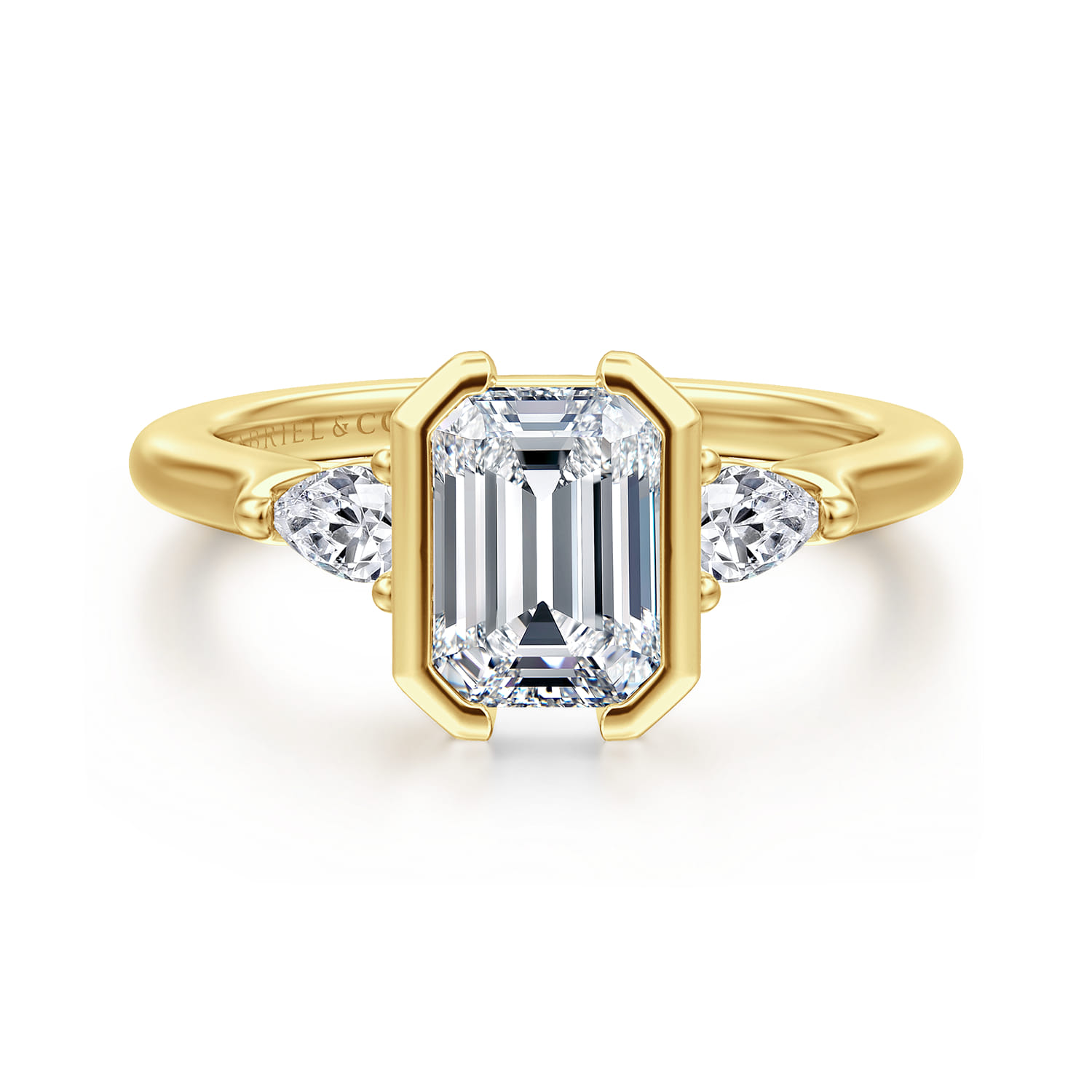 Alesandra - 14K Yellow Gold Half Bezel Emerald Cut Three Stone Diamond Engagement Ring - 0.3 ct - Shot 1