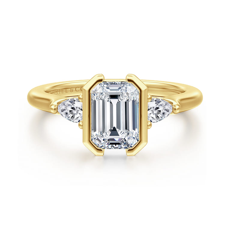 Alesandra - 14K Yellow Gold Half Bezel Emerald Cut Three Stone Diamond Engagement Ring - 0.3 ct - Shot 1