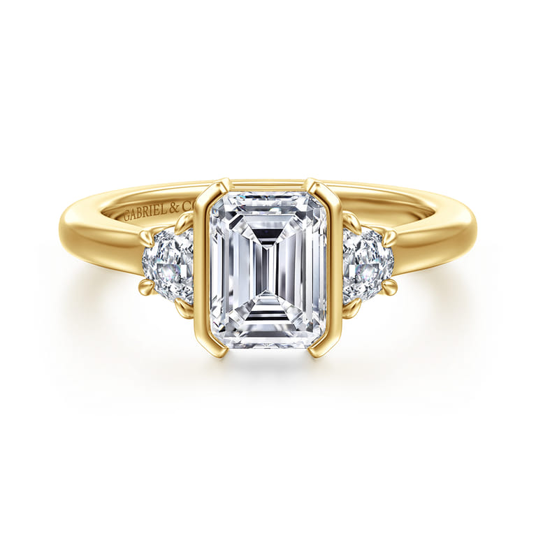 Colleen - 14K Yellow Gold Half Bezel Emerald Cut Three Stone Diamond Engagement Ring - 0.3 ct - Shot 1