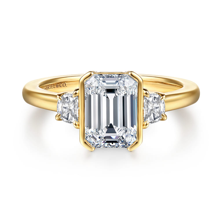 Colleen - 14K Yellow Gold Half Bezel Emerald Cut Three Stone Diamond Engagement Ring - 0.3 ct - Shot 1