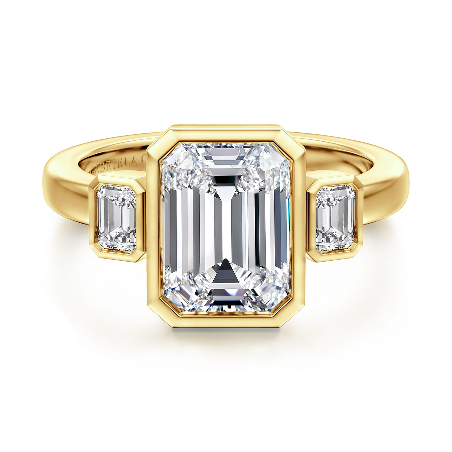 Nelle - 14K Yellow Gold Emerald Cut Three Stone Bezel Diamond Engagement Ring - 0.3 ct - Shot 1