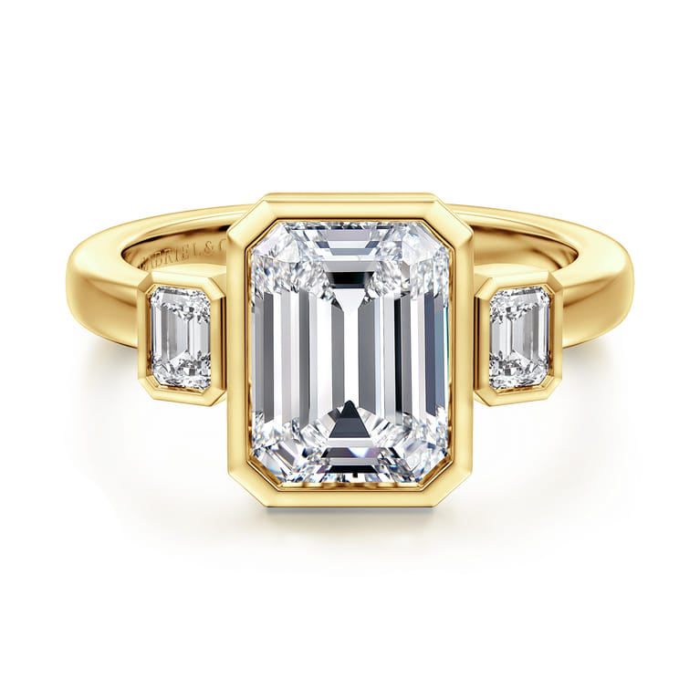 Nelle - 14K Yellow Gold Emerald Cut Three Stone Bezel Diamond Engagement Ring - 0.3 ct - Shot 1