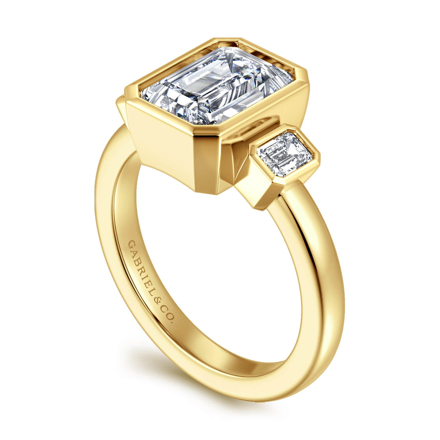 Nelle - 14K Yellow Gold Emerald Cut Three Stone Bezel Diamond Engagement Ring - 0.3 ct - Shot 3