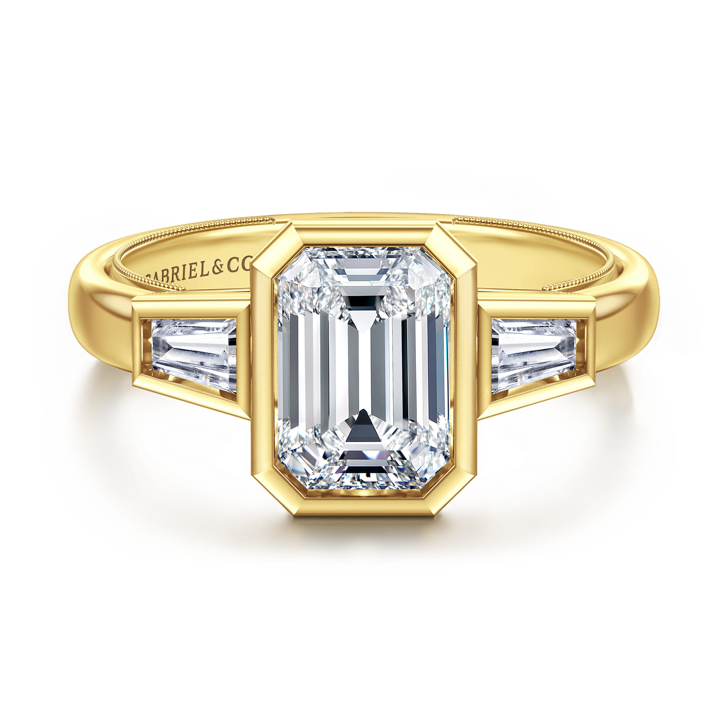 Fiorenza - 14K Yellow Gold Emerald Cut Three Stone Bezel Set Diamond Engagement Ring - 0.3 ct - Shot 1