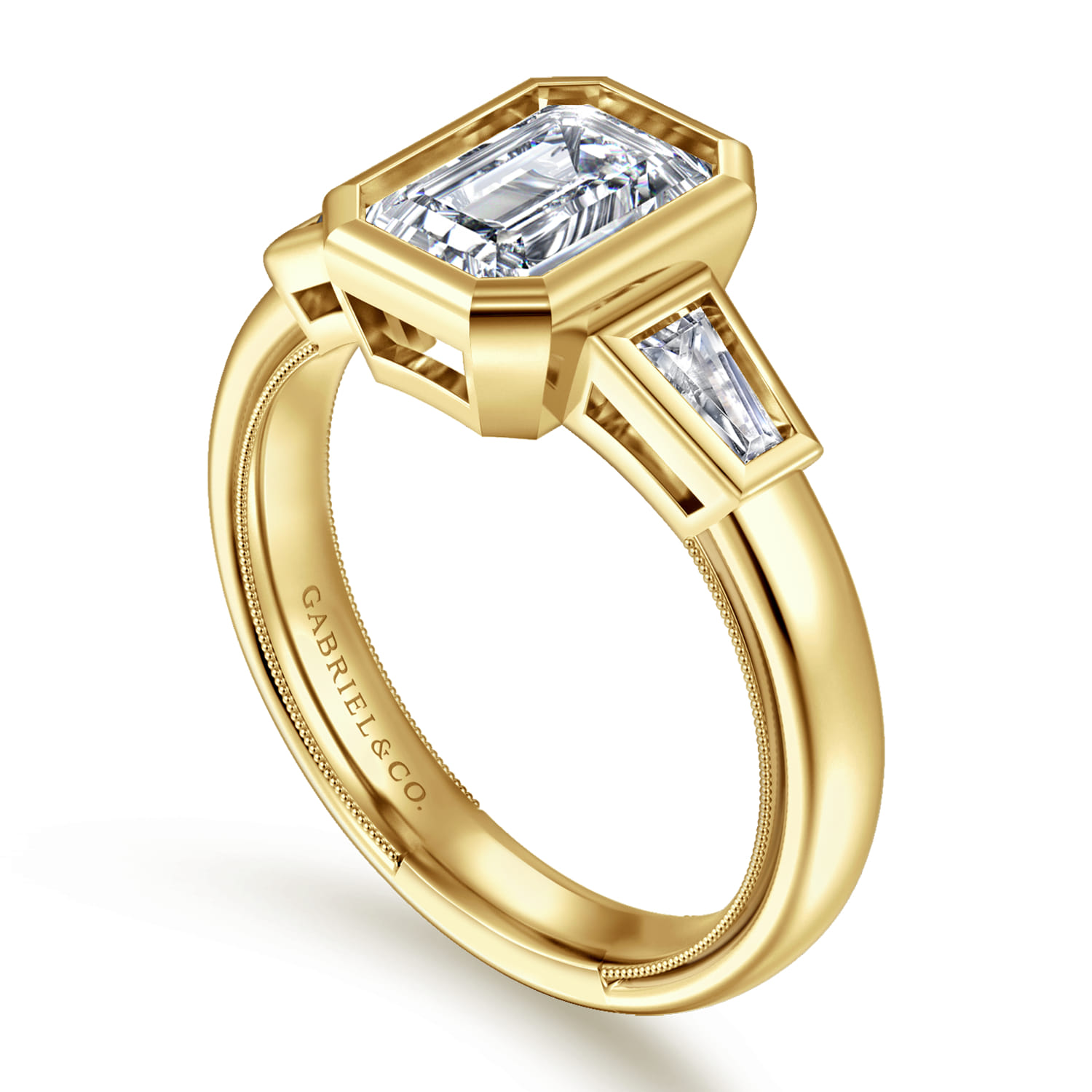 Fiorenza - 14K Yellow Gold Emerald Cut Three Stone Bezel Set Diamond Engagement Ring - 0.3 ct - Shot 3