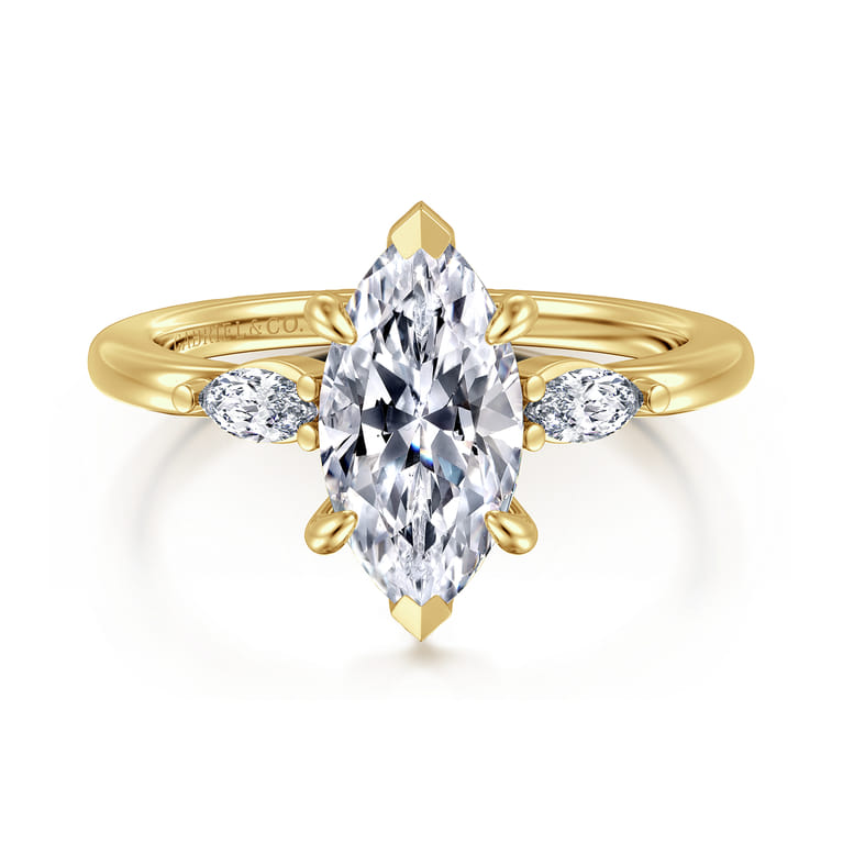 Dela - 14K Yellow Gold Marquise Shape Three Stone Diamond Engagement Ring - 0.17 ct - Shot 1