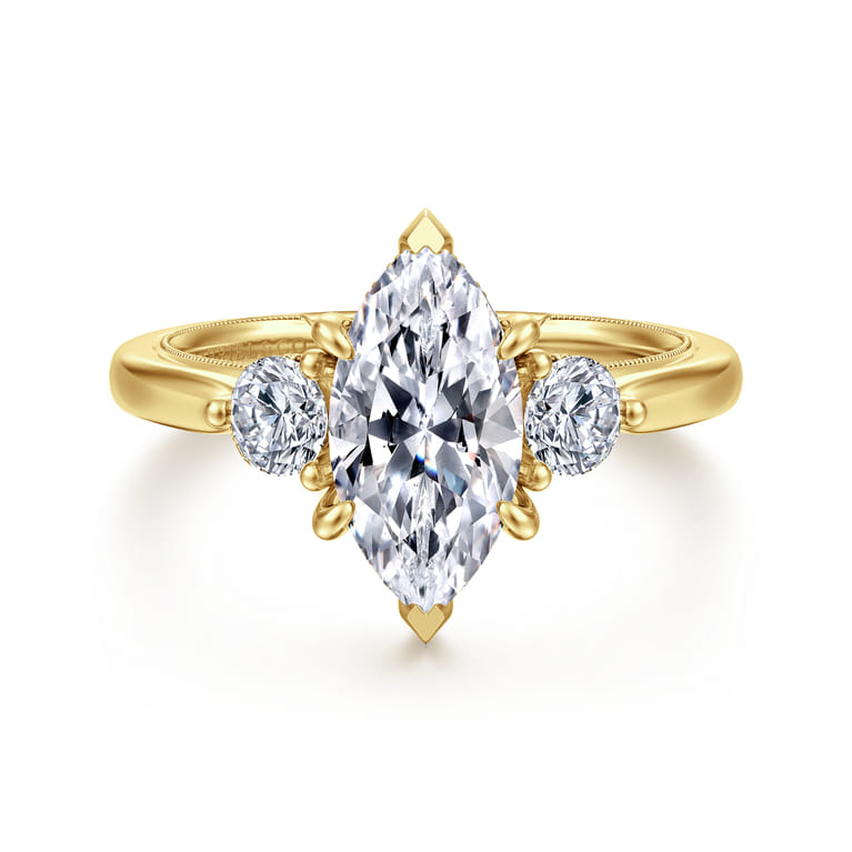 Abbi - 14K Yellow Gold Marquise Shape Three Stone Diamond Engagement Ring - 0.5 ct - Shot 1