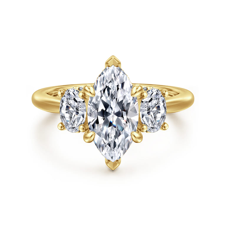 Charisa - 14K Yellow Gold Marquise Shape Three Stone Diamond Engagement Ring - 0.7 ct - Shot 1