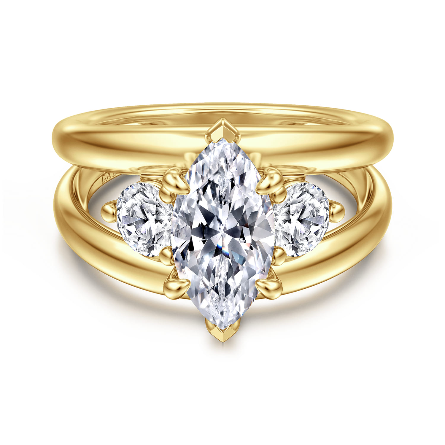 Danni - 14K Yellow Gold Marquise Shape Three Stone Diamond Engagement Ring - 0.75 ct - Shot 1