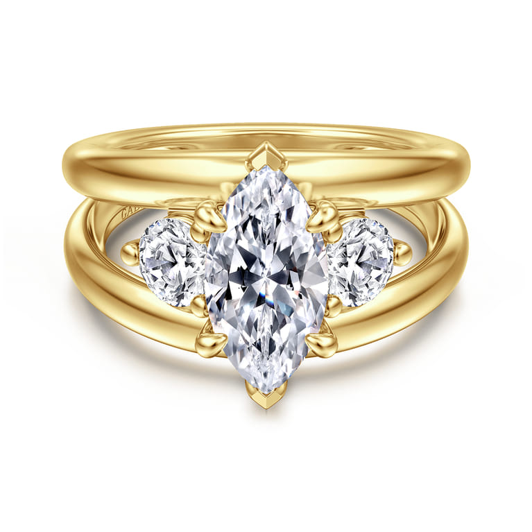 Danni - 14K Yellow Gold Marquise Shape Three Stone Diamond Engagement Ring - 0.75 ct - Shot 1