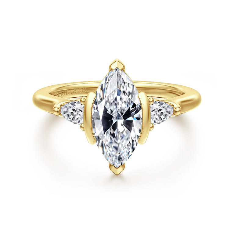 Alesandra - 14K Yellow Gold Half Bezel Marquise Shape Three Stone Diamond Engagement Ring - 0.3 ct - Shot 1