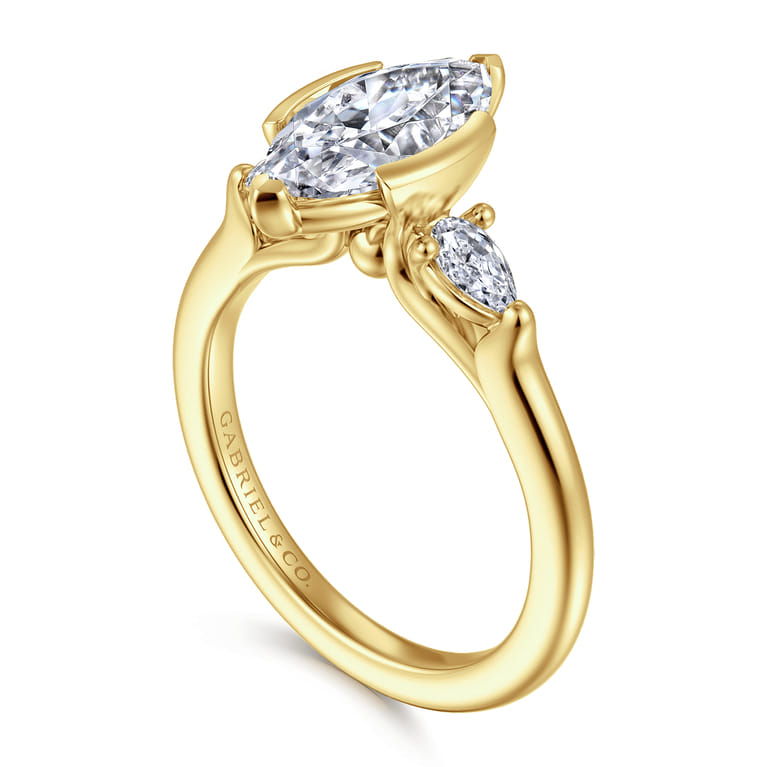 Alesandra - 14K Yellow Gold Half Bezel Marquise Shape Three Stone Diamond Engagement Ring - 0.3 ct - Shot 3