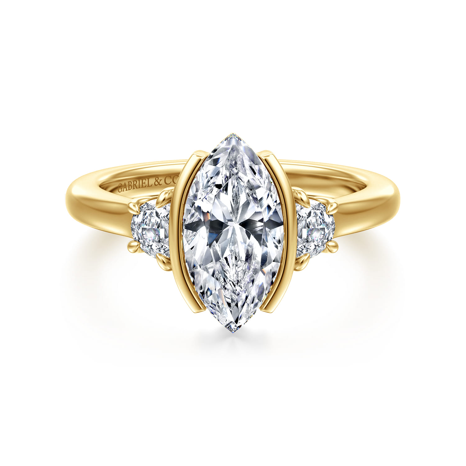 Colleen - 14K Yellow Gold Half Bezel Marquise Shape Three Stone Diamond Engagement Ring - 0.3 ct - Shot 1