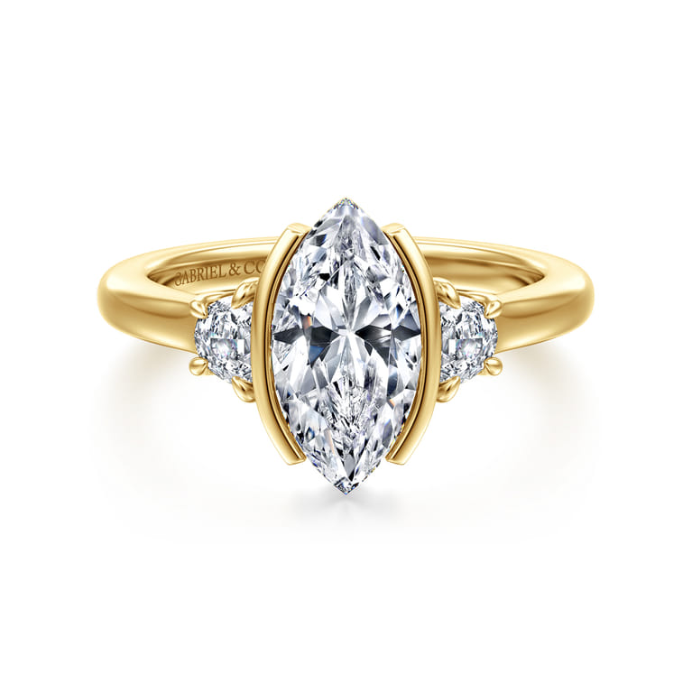 Colleen - 14K Yellow Gold Half Bezel Marquise Shape Three Stone Diamond Engagement Ring - 0.3 ct - Shot 1