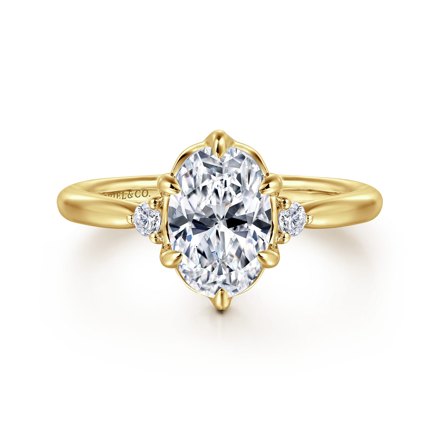 Blaise - 14K Yellow Gold 6 Prong Oval Three Stone Diamond Engagement Ring - 0.08 ct - Shot 1