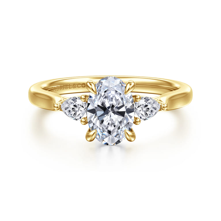 Reema - 14K Yellow Gold Oval Three Stone Lotus Diamond Engagement Ring - 0.24 ct - Shot 1