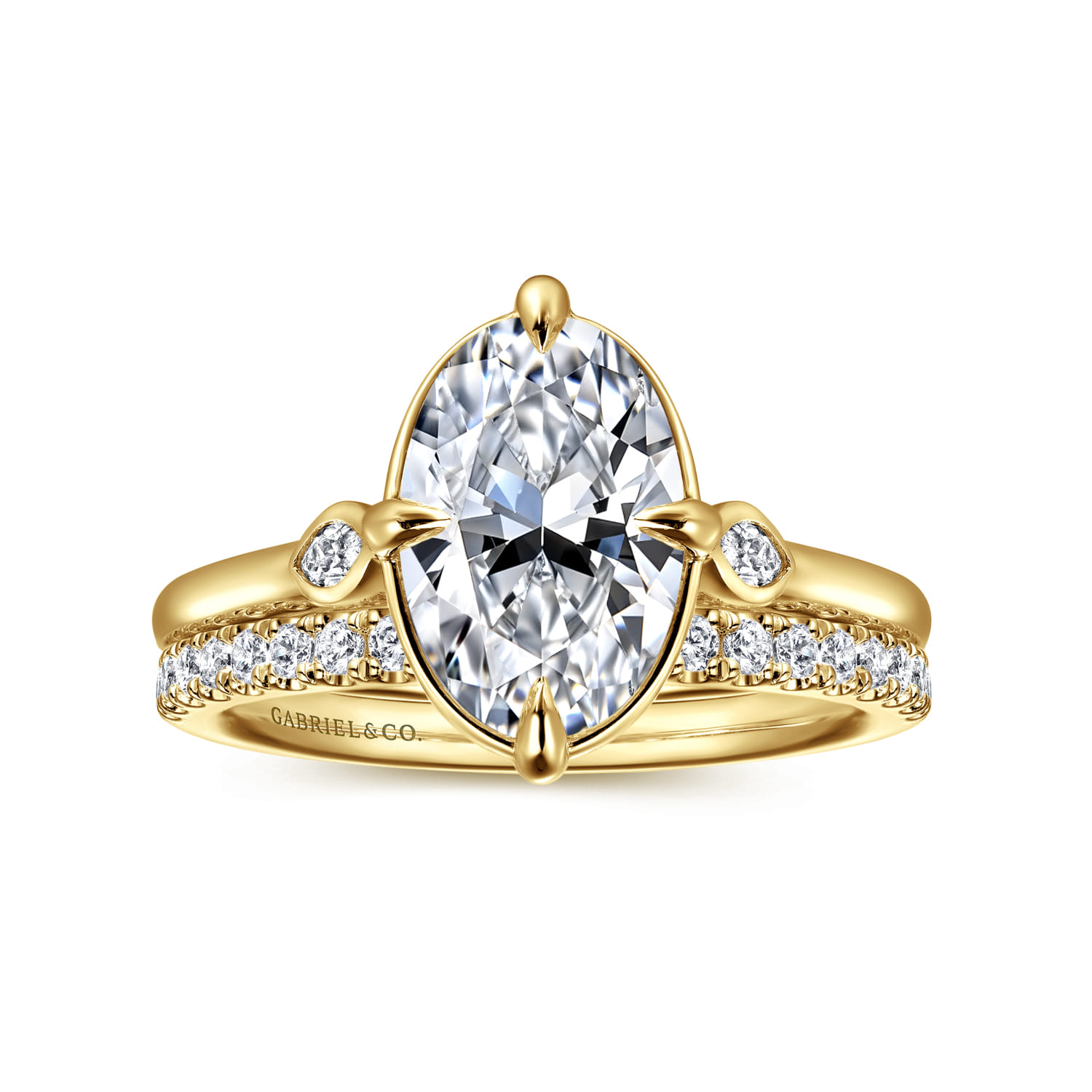 Charli - 14K Yellow Gold Bezel Prong Oval Three Stone Diamond Engagement Ring - 0.1 ct - Shot 4