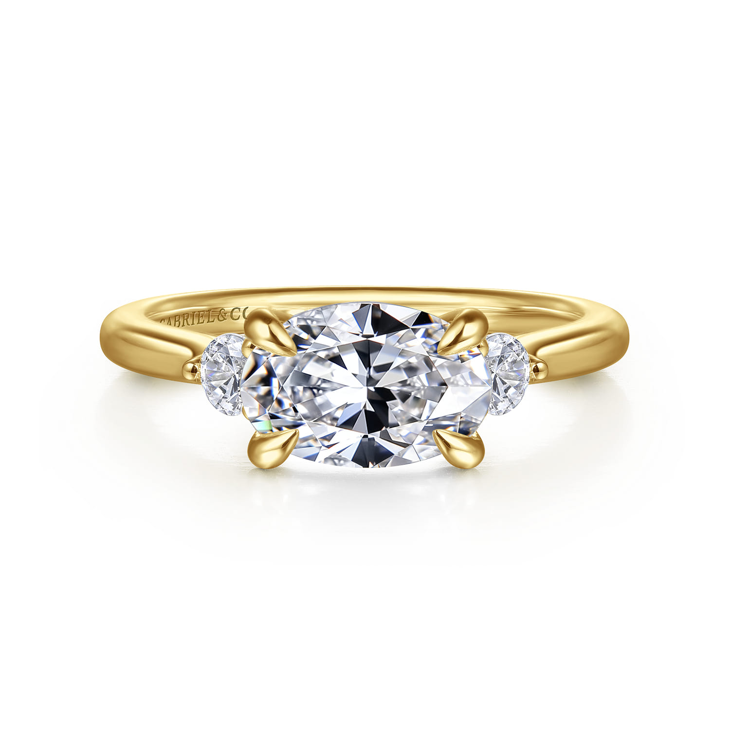 Darline - 14K Yellow Gold Oval Three Stone Lotus Diamond Engagement Ring - 0.22 ct - Shot 1