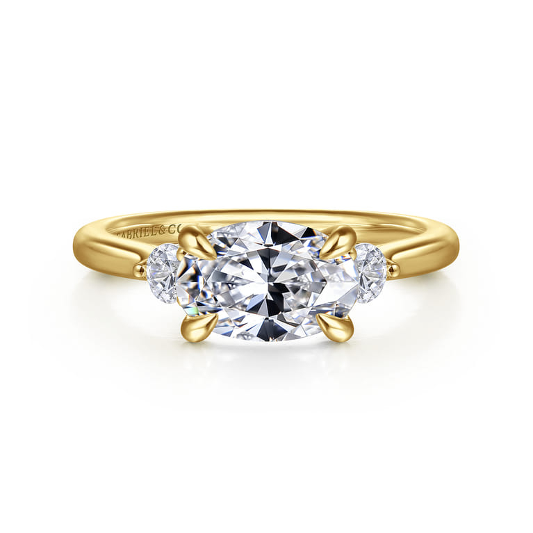 Darline - 14K Yellow Gold Oval Three Stone Lotus Diamond Engagement Ring - 0.22 ct - Shot 1