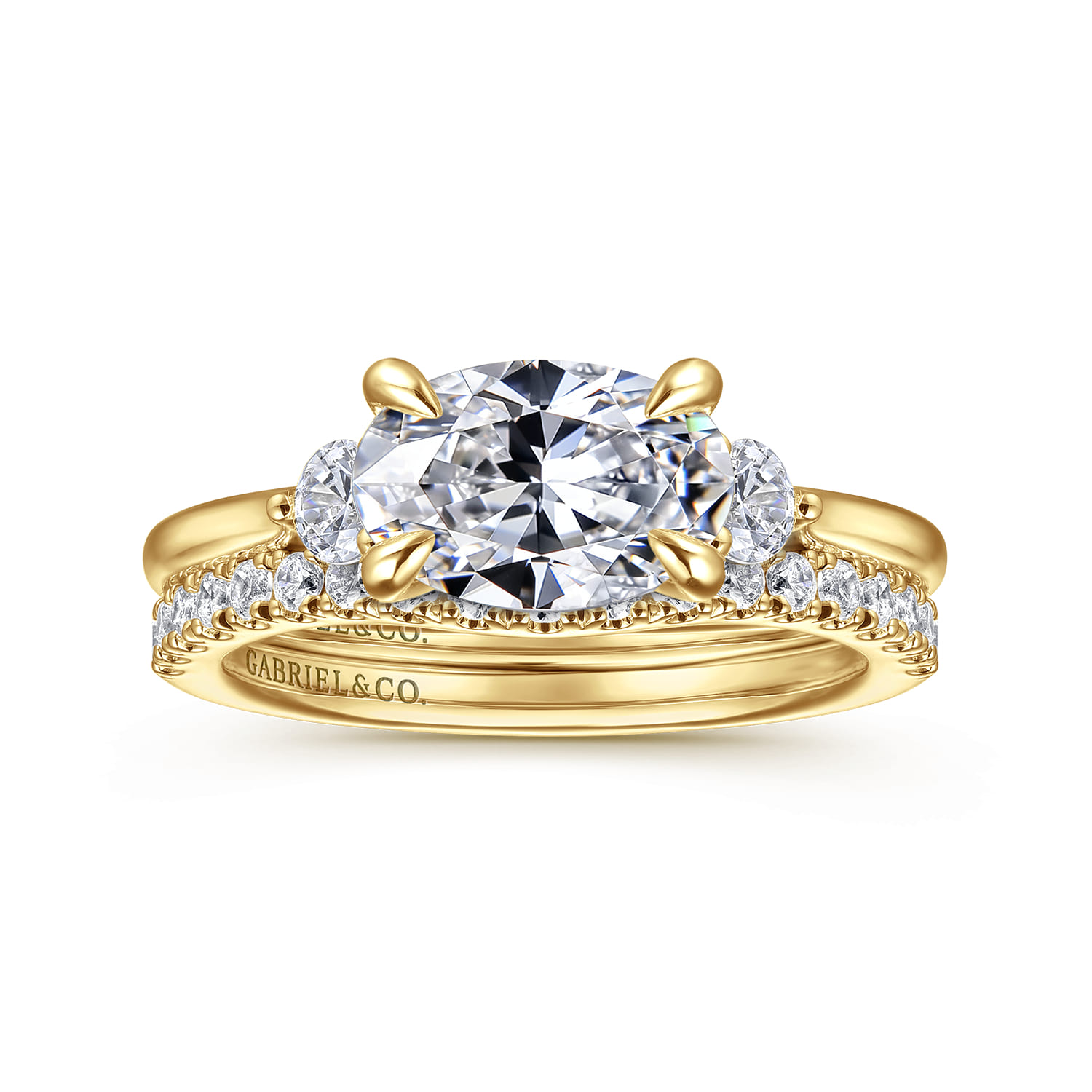 Darline - 14K Yellow Gold Oval Three Stone Lotus Diamond Engagement Ring - 0.22 ct - Shot 4