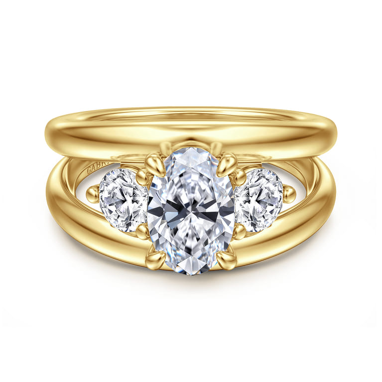 Danni - 14K Yellow Gold Oval Three Stone Diamond Engagement Ring - 0.75 ct - Shot 1