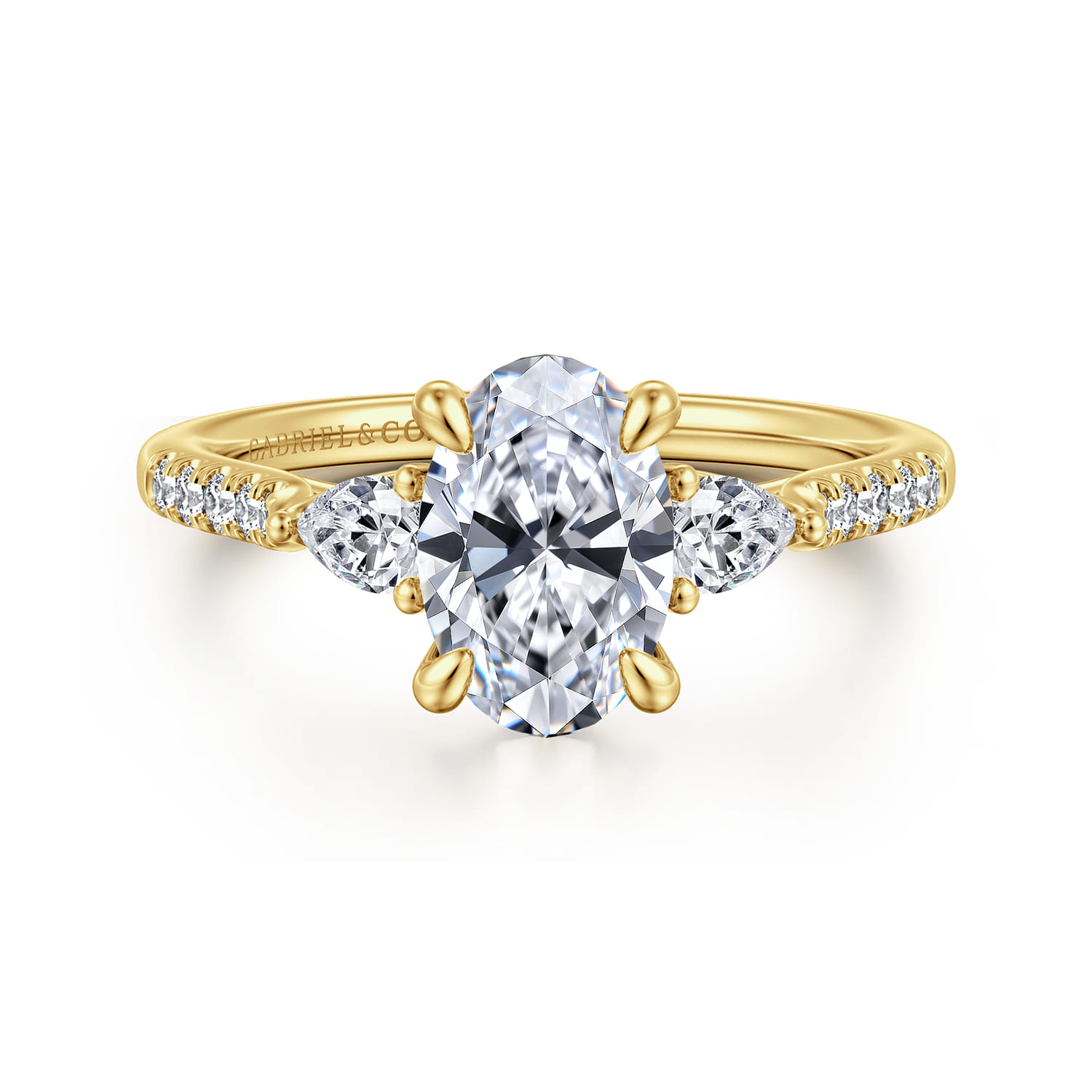 Monty - 14K Yellow Gold Oval Three Stone Lotus Diamond Engagement Ring - 0.35 ct - Shot 1