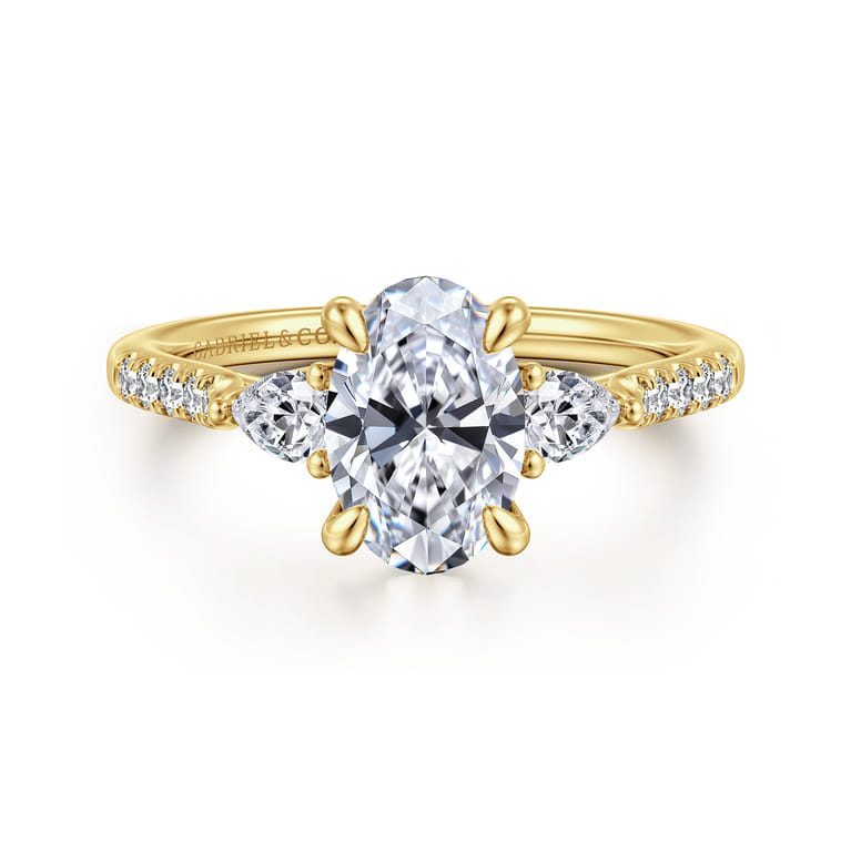 Monty - 14K Yellow Gold Oval Three Stone Lotus Diamond Engagement Ring - 0.35 ct - Shot 1