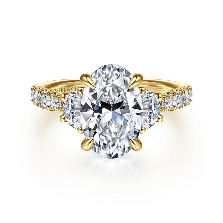 Dee - 14K Yellow Gold Oval Three Stone Lotus Diamond Engagement Ring - 0.6 ct - Shot 1