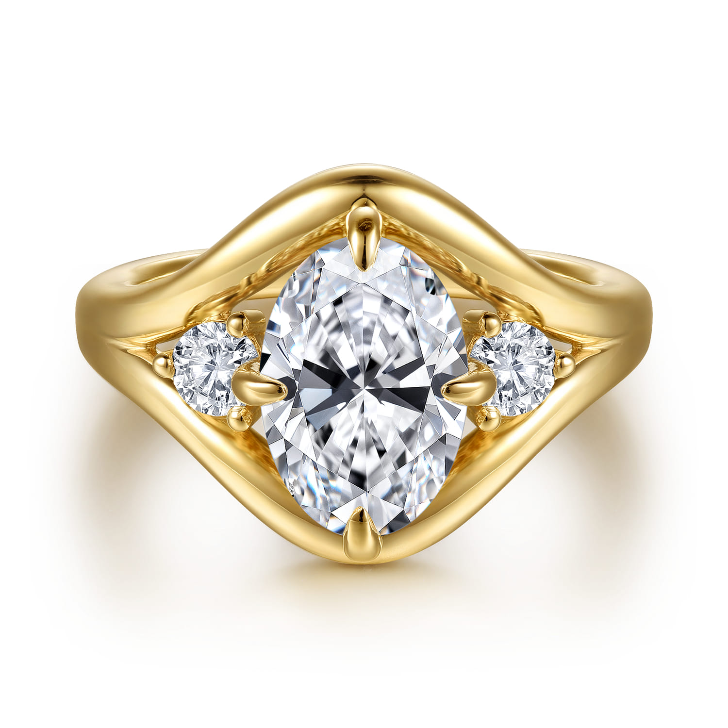 Grand - 14K Yellow Gold Compass Prong Oval Three Stone Diamond Engagement Ring - 0.4 ct - Shot 1