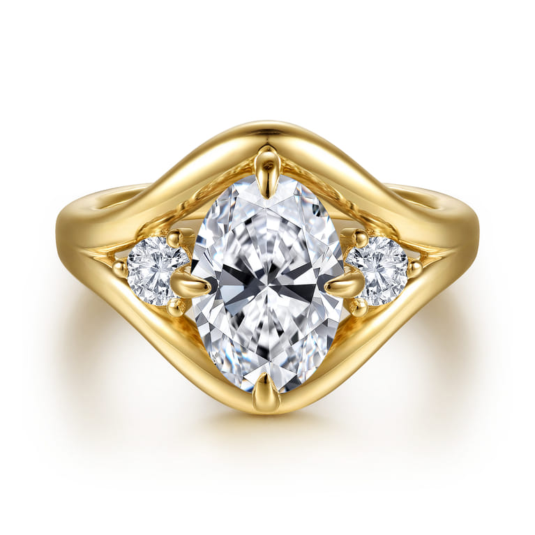 Grand - 14K Yellow Gold Compass Prong Oval Three Stone Diamond Engagement Ring - 0.4 ct - Shot 1
