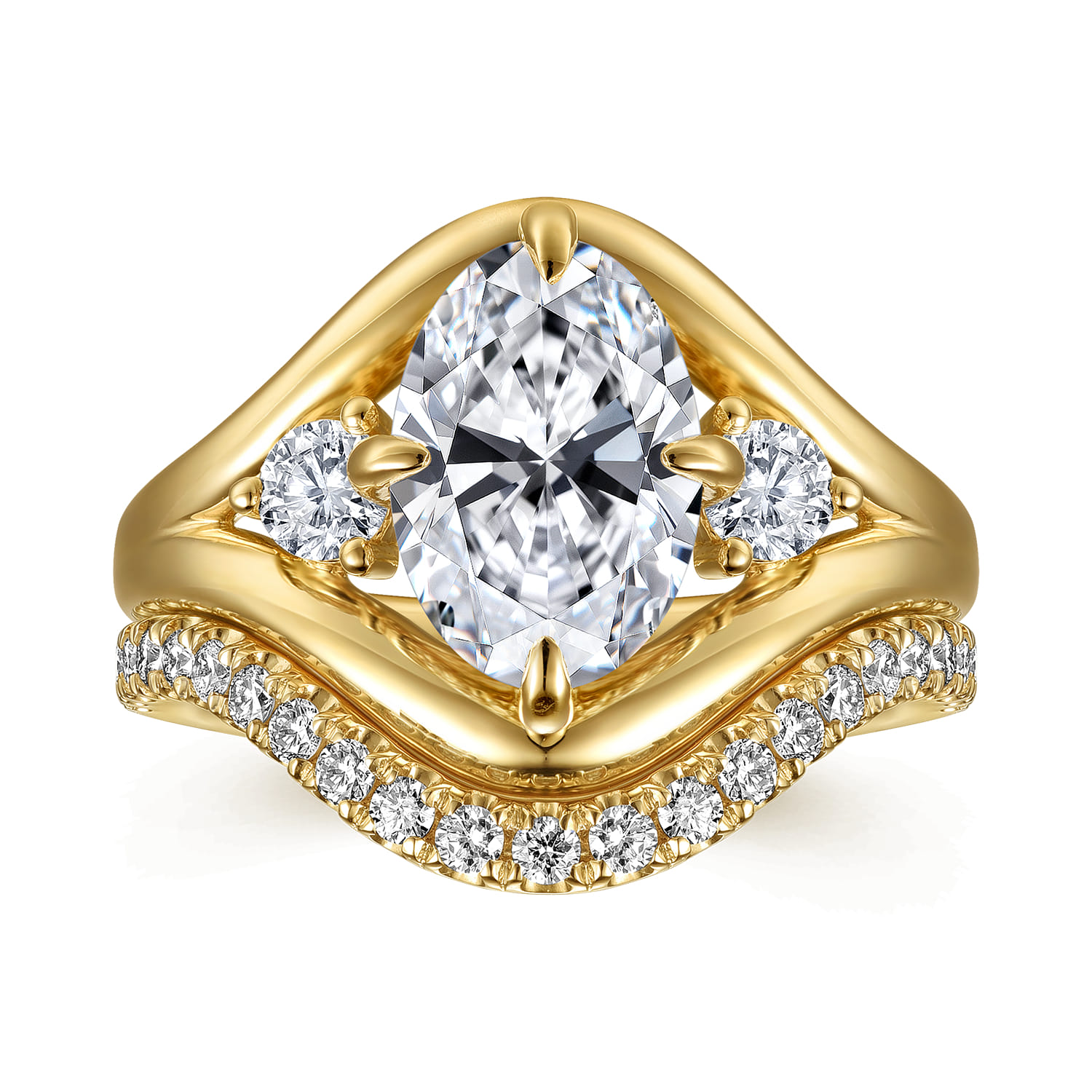 Grand - 14K Yellow Gold Compass Prong Oval Three Stone Diamond Engagement Ring - 0.4 ct - Shot 4