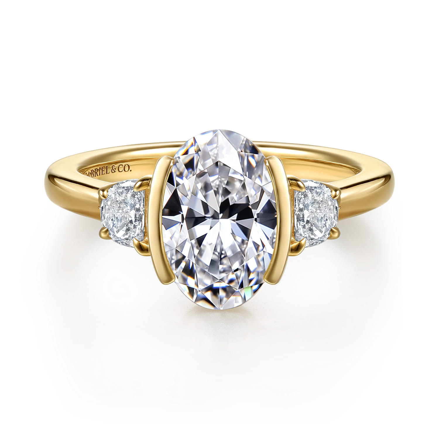 Colleen - 14K Yellow Gold Half Bezel Oval Three Stone Diamond Engagement Ring - 0.3 ct - Shot 1