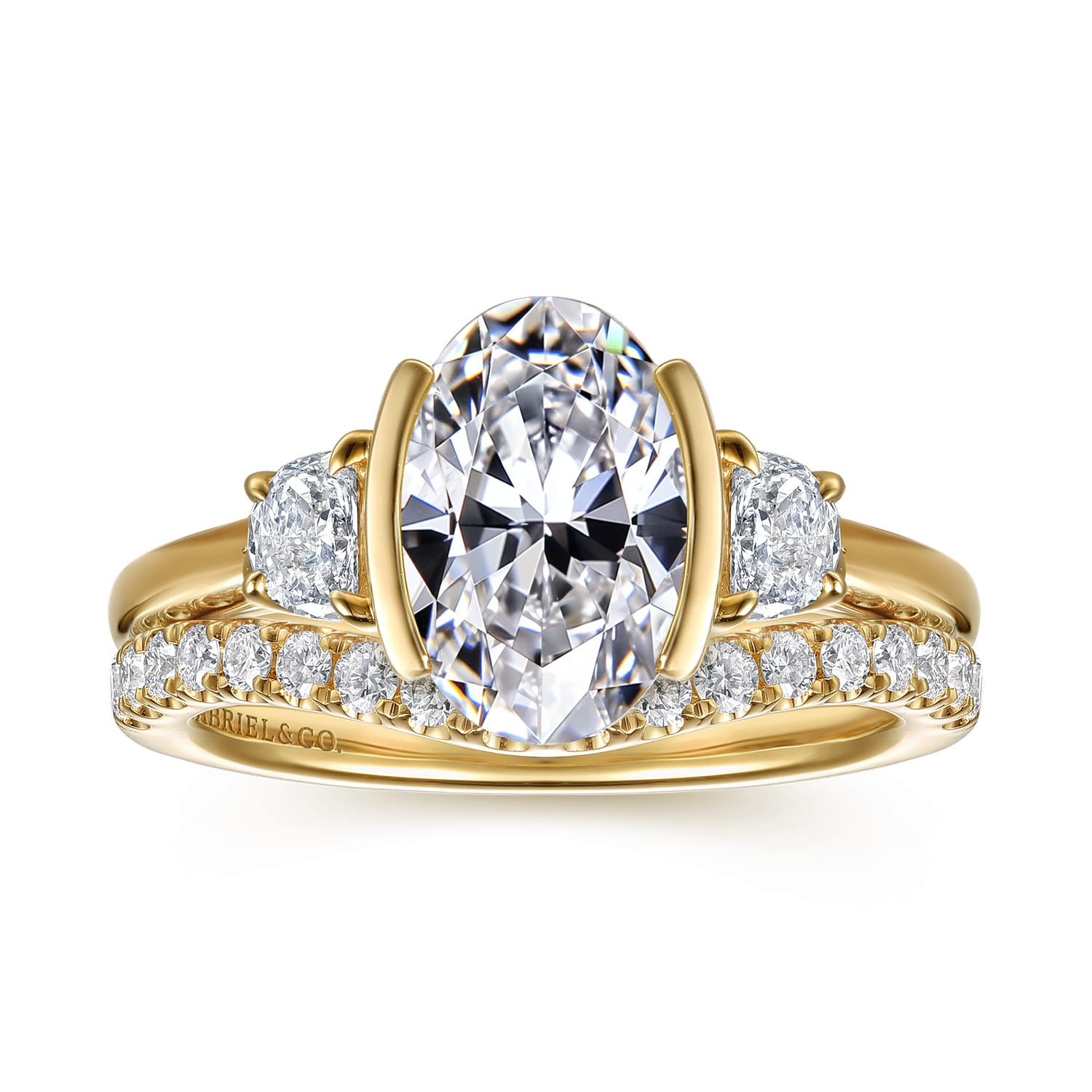 Colleen - 14K Yellow Gold Half Bezel Oval Three Stone Diamond Engagement Ring - 0.3 ct - Shot 4