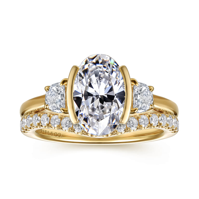 Colleen - 14K Yellow Gold Half Bezel Oval Three Stone Diamond Engagement Ring - 0.3 ct - Shot 4