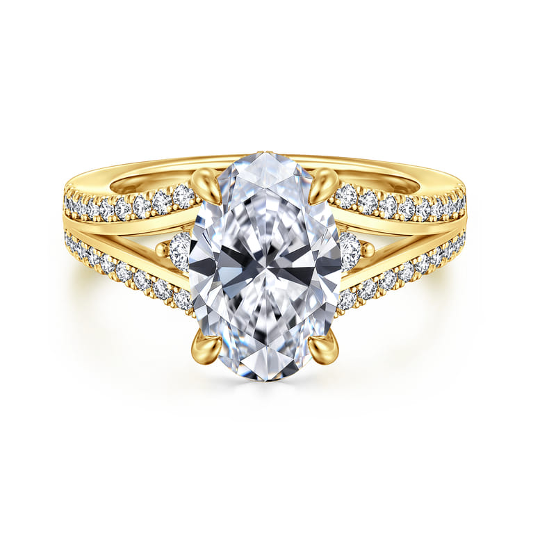 Mariselle - 14K Yellow Gold Split Shank Oval Three Stone Diamond Engagement Ring - 0.45 ct - Shot 1