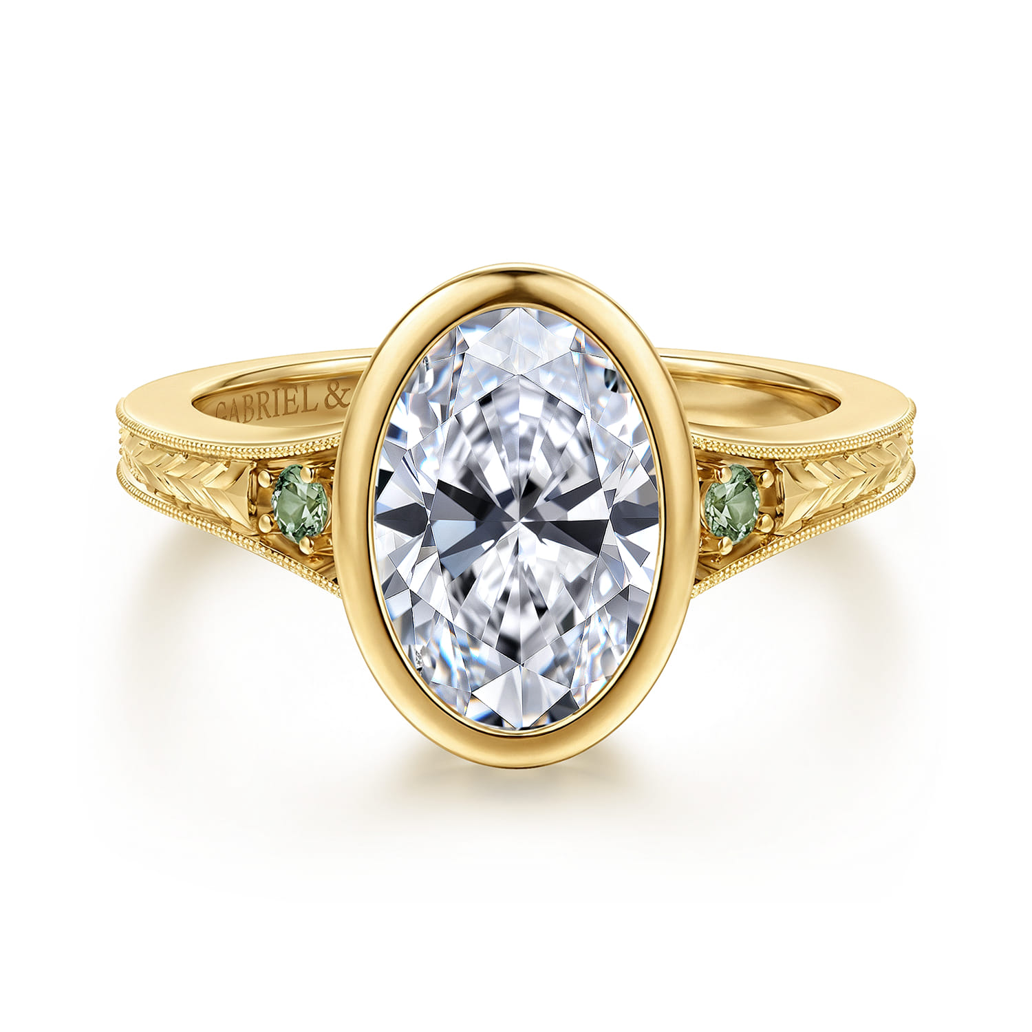 Sunshine - Vintage Inspired 14K Yellow Gold Oval Three Stone Green Sapphire and Diamod Engagement Ring - Shot 1