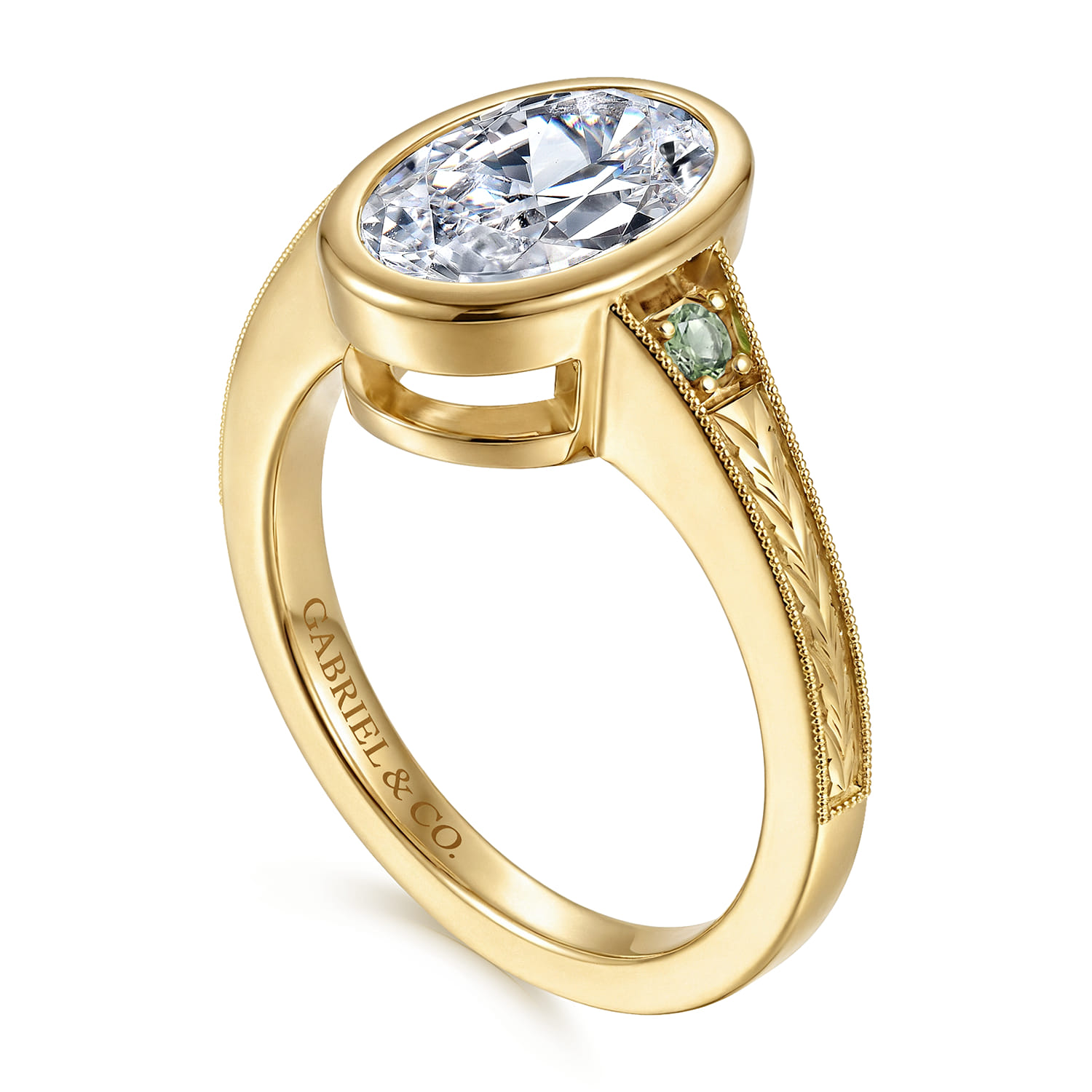 Sunshine - Vintage Inspired 14K Yellow Gold Oval Three Stone Green Sapphire and Diamod Engagement Ring - Shot 3