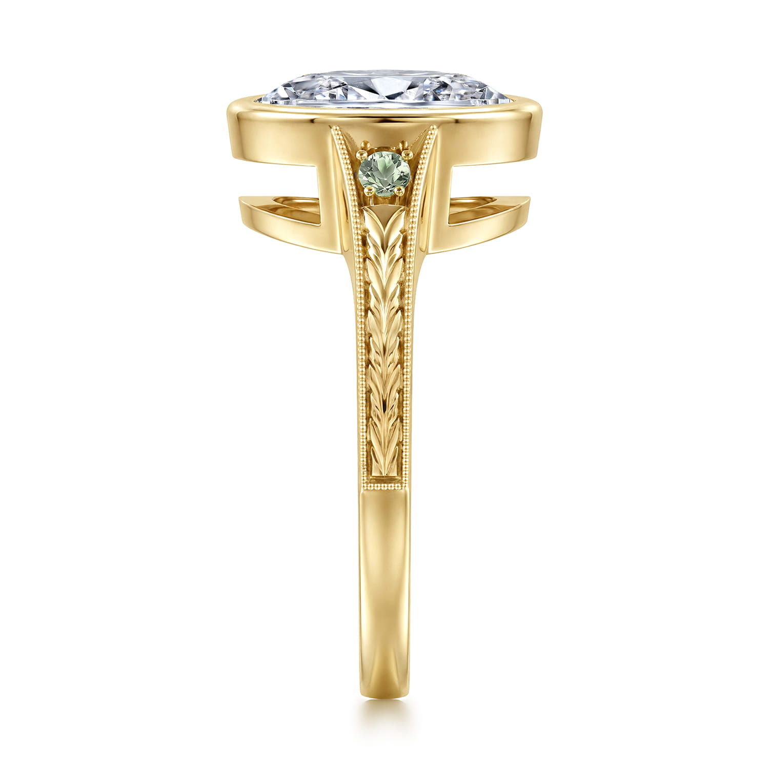 Sunshine - Vintage Inspired 14K Yellow Gold Oval Three Stone Green Sapphire and Diamod Engagement Ring - Shot 4