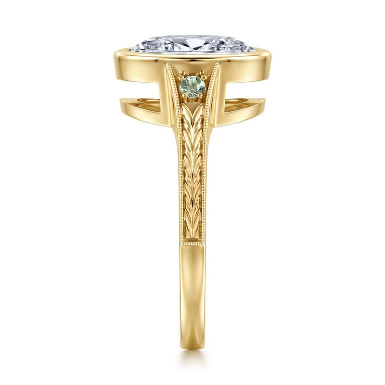 Sunshine - Vintage Inspired 14K Yellow Gold Oval Three Stone Green Sapphire and Diamod Engagement Ring - Shot 4