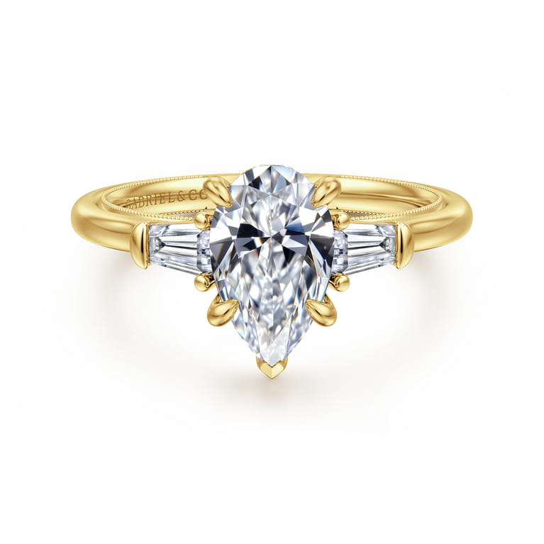 Feana - 14K Yellow Gold Pear Shape Three Stone Diamond Engagement Ring - 0.35 ct - Shot 1