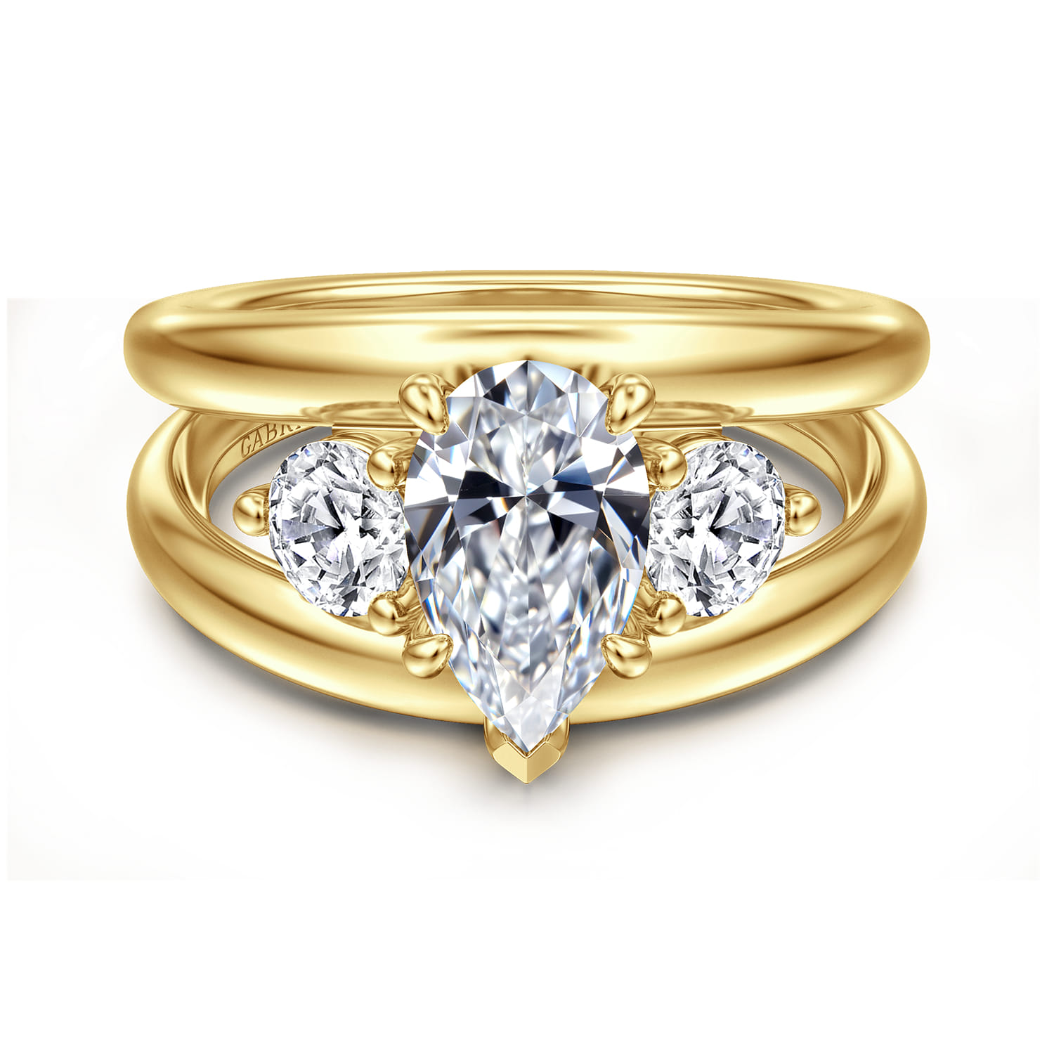 Danni - 14K Yellow Gold Pear Shape Three Stone Diamond Engagement Ring - 0.75 ct - Shot 1