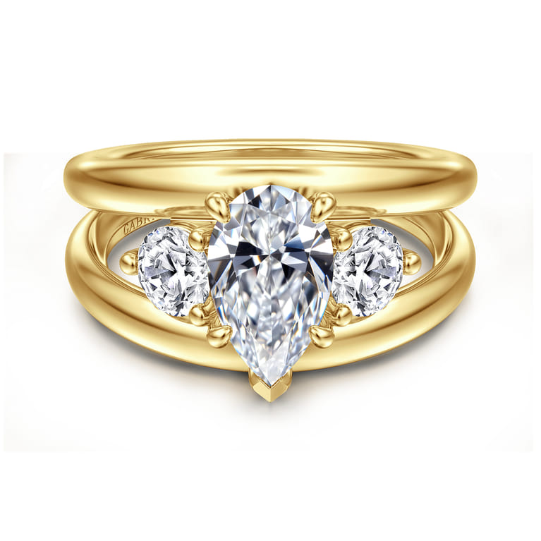 Danni - 14K Yellow Gold Pear Shape Three Stone Diamond Engagement Ring - 0.75 ct - Shot 1
