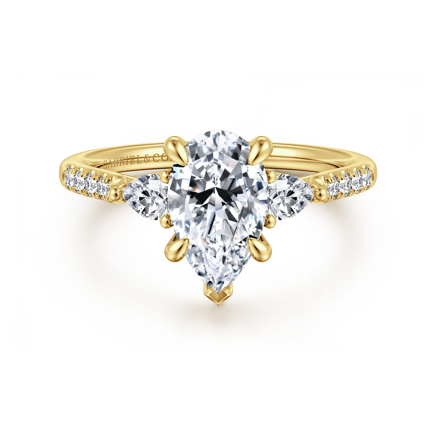 Monty - 14K Yellow Gold Pear Shape Three Stone Lotus Diamond Engagement Ring - 0.35 ct - Shot 1