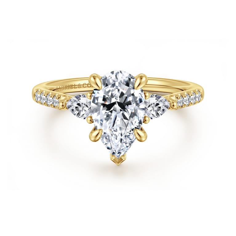 Monty - 14K Yellow Gold Pear Shape Three Stone Lotus Diamond Engagement Ring - 0.35 ct - Shot 1