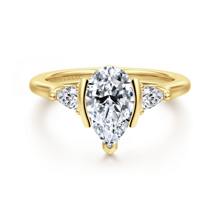 Alesandra - 14K Yellow Gold Half Bezel Pear Shape Three Stone Diamond Engagement Ring - 0.3 ct - Shot 1
