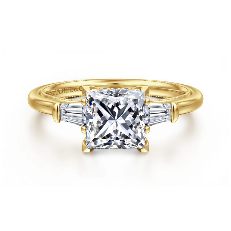 Feana - 14K Yellow Gold Princess Cut Three Stone Diamond Engagement Ring - 0.35 ct - Shot 1