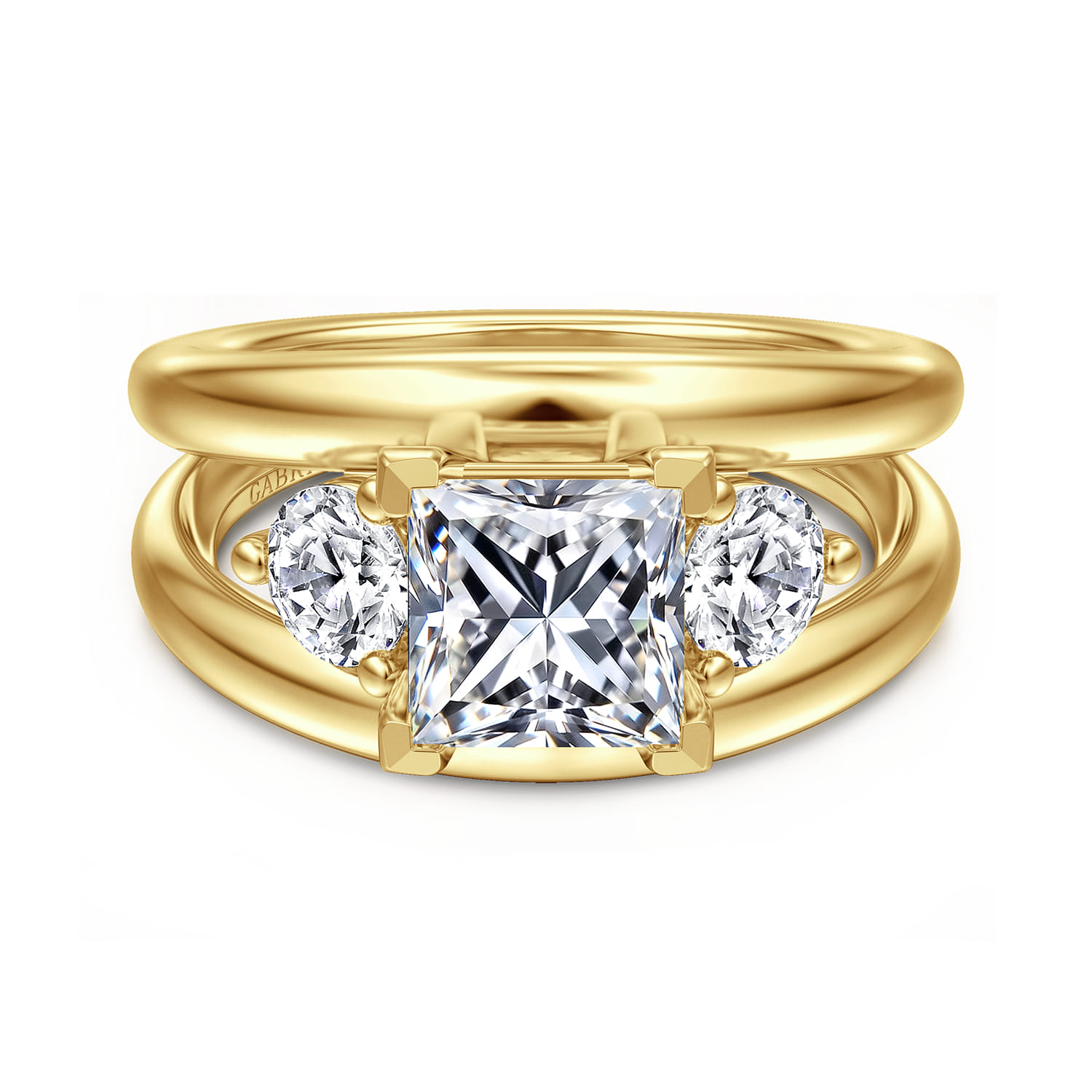 Danni - 14K Yellow Gold Princess Cut Three Stone Diamond Engagement Ring - 0.75 ct - Shot 1