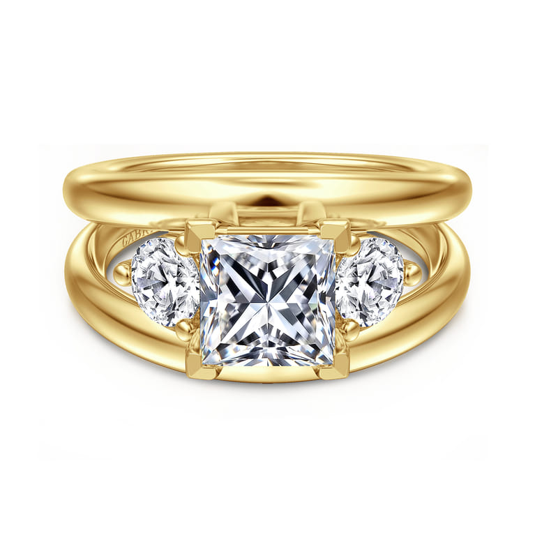 Danni - 14K Yellow Gold Princess Cut Three Stone Diamond Engagement Ring - 0.75 ct - Shot 1